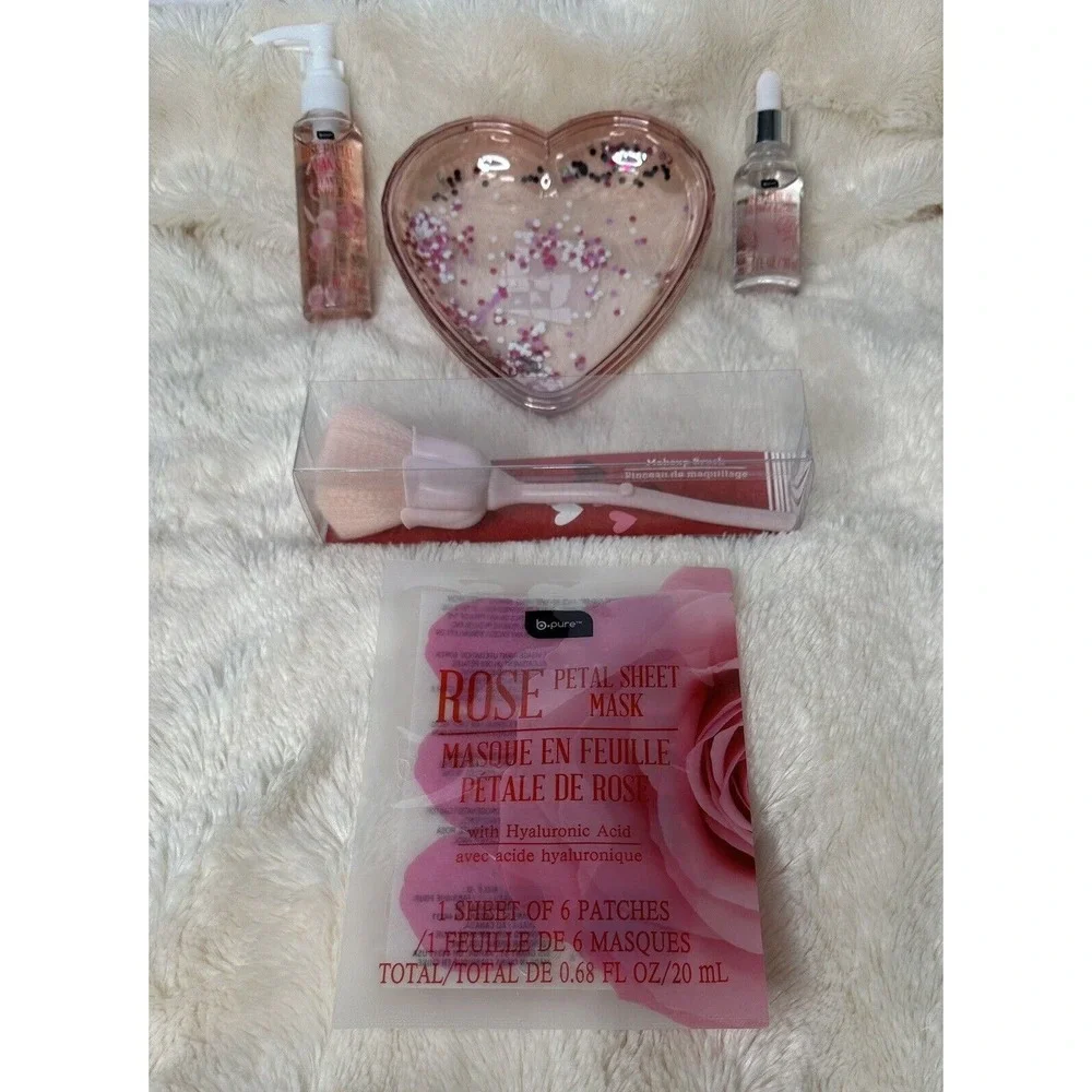 Pink Rose Cosmetic Make Up Brush Face Mask Oil Cleanser Heart Valentine Gift Set